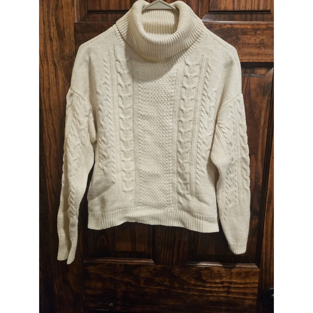 Wrap London Wool Mix Cable Knit Sweater Ivory Cowl Turtleneck Size 10 ZC31